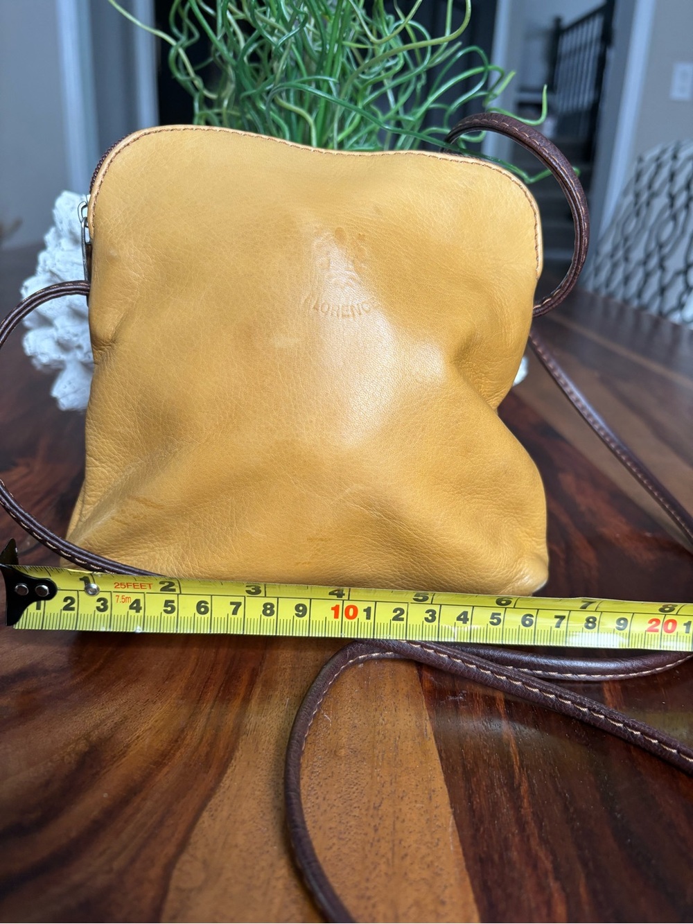Yellow Leather Crossbody Bag with Brown Strap